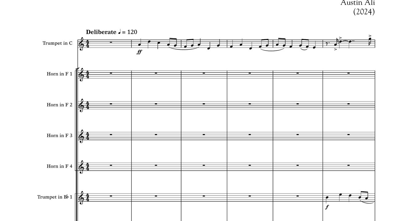 First page of the score of Fanfare for Trumpet and Brass Ensemble